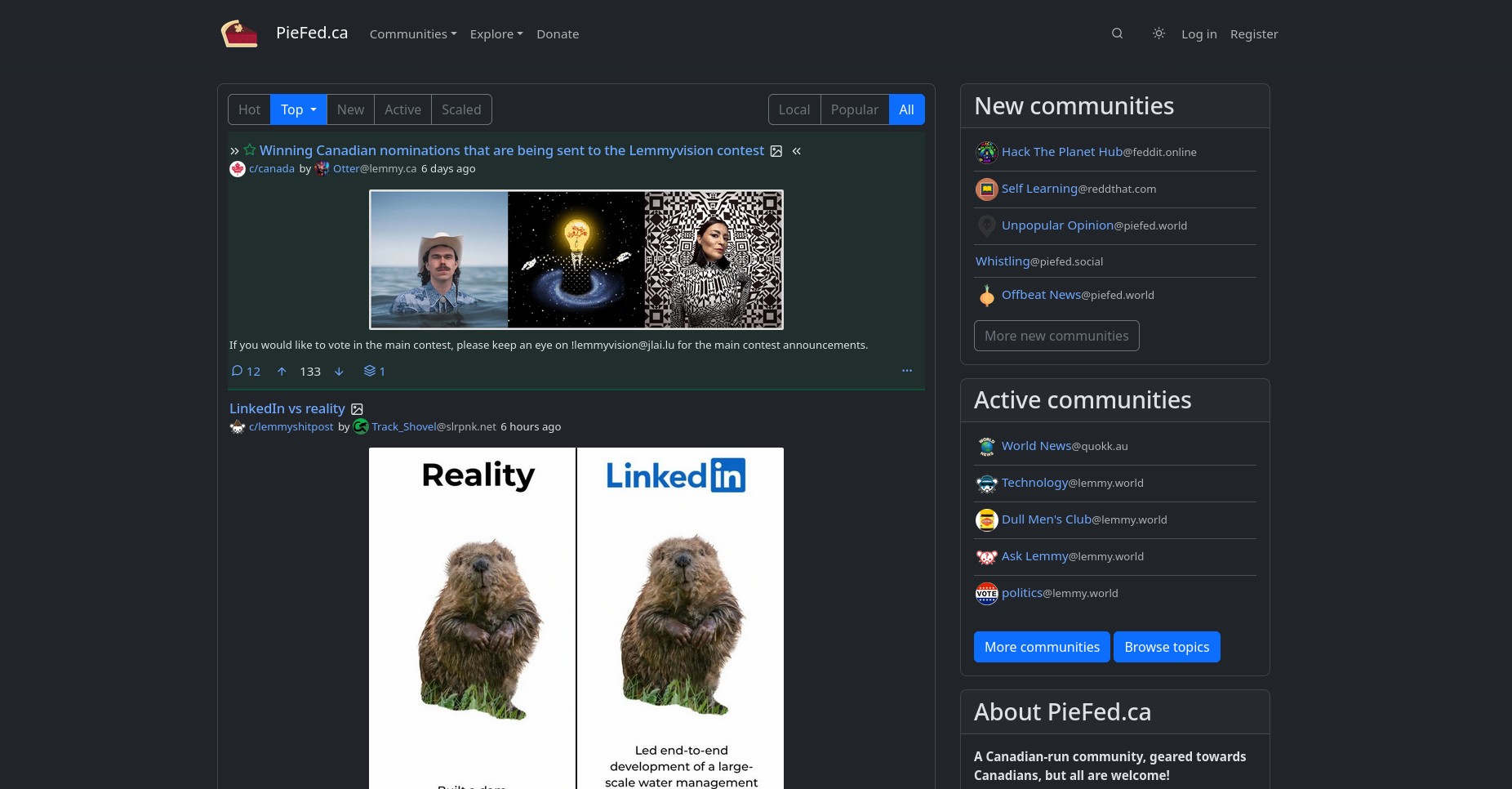 Screenshot of the default theme for Piefed.