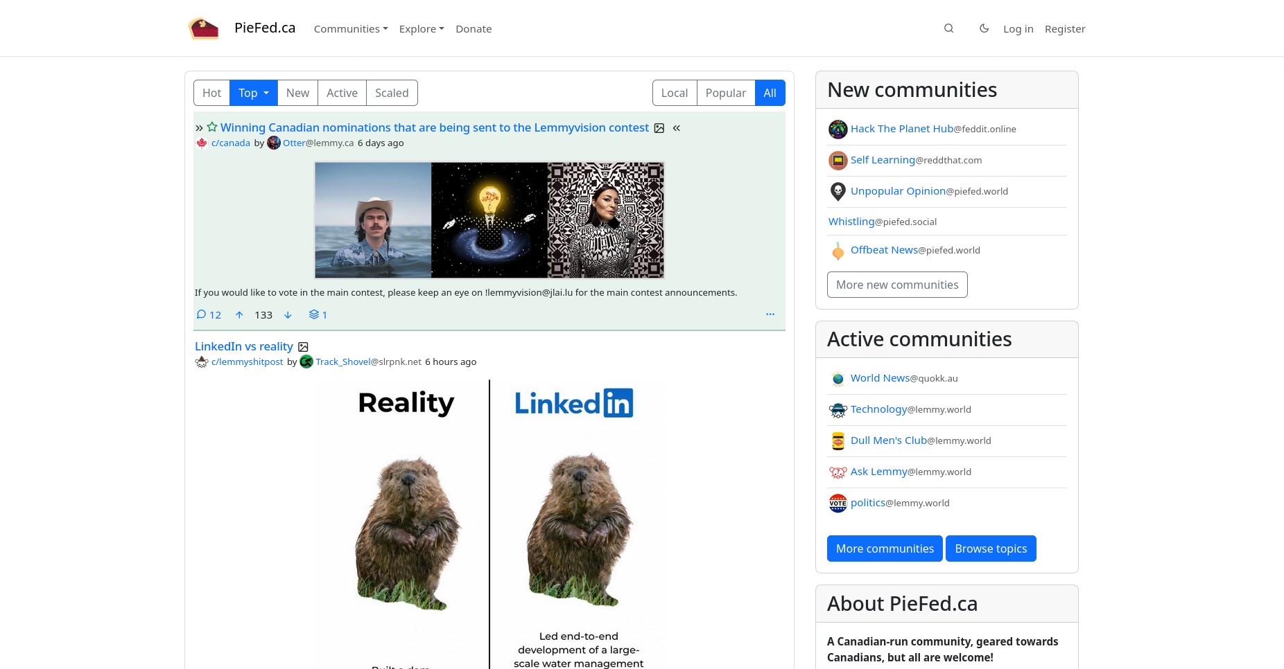 Screenshot of the default theme for Piefed.